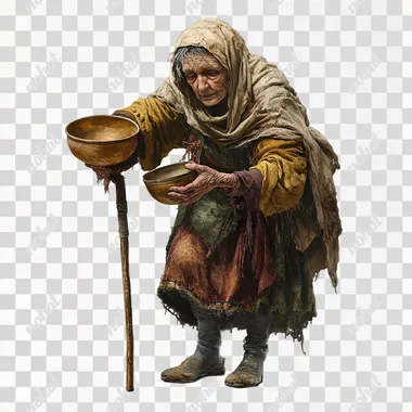 art by Craig Mullins, an old ragged begging woman, wearing a scarf and ragged medieval clothes, leaning on a crutch and raising her begging bowl towards the camera, plain white background