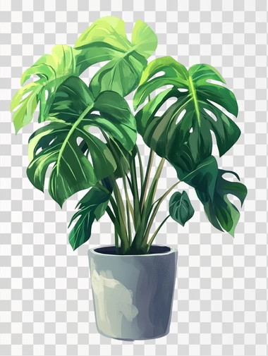 A monstera plant in a grey flowerpot, isolated in white background