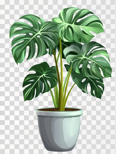 A monstera plant in a grey flowerpot, isolated in white background
