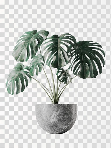 A monstera plant in a grey flowerpot, isolated in white background