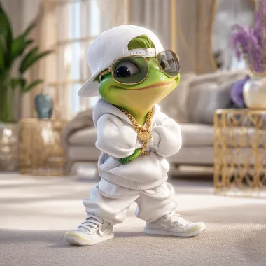 Pixar-style realistic 3D animated frog character dressed in hip-hop clothing, including oversized white hoodie, baggy white pants, white sneakers, baseball cap, sunglasses, and gold chain necklace. Smooth green-yellow skin with detailed textures, expressive face, cap. Confident, cool attitude, standing upright with arms crossed, gently bouncing to subtle hip-hop rhythm, natural indoor setting with stylish modern decor, cinematic quality. --raw rofile 82uwfqv