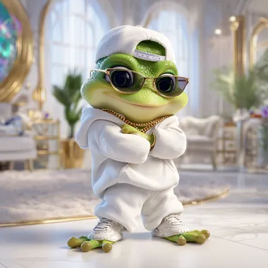 Pixar-style realistic 3D animated frog character dressed in hip-hop clothing, including oversized white hoodie, baggy white pants, white sneakers, baseball cap, sunglasses, and gold chain necklace. Smooth green-yellow skin with detailed textures, expressive face, cap. Confident, cool attitude, standing upright with arms crossed, gently bouncing to subtle hip-hop rhythm, natural indoor setting with stylish modern decor, cinematic quality. --raw rofile 82uwfqv