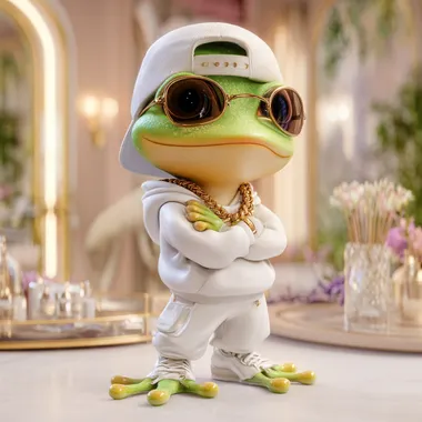 Pixar-style realistic 3D animated frog character dressed in hip-hop clothing, including oversized white hoodie, baggy white pants, white sneakers, baseball cap, sunglasses, and gold chain necklace. Smooth green-yellow skin with detailed textures, expressive face, cap. Confident, cool attitude, standing upright with arms crossed, gently bouncing to subtle hip-hop rhythm, natural indoor setting with stylish modern decor, cinematic quality. --raw rofile 82uwfqv