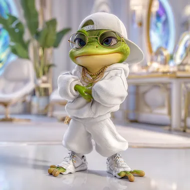 Pixar-style realistic 3D animated frog character dressed in hip-hop clothing, including oversized white hoodie, baggy white pants, white sneakers, baseball cap, sunglasses, and gold chain necklace. Smooth green-yellow skin with detailed textures, expressive face, cap. Confident, cool attitude, standing upright with arms crossed, gently bouncing to subtle hip-hop rhythm, natural indoor setting with stylish modern decor, cinematic quality. --raw rofile 82uwfqv