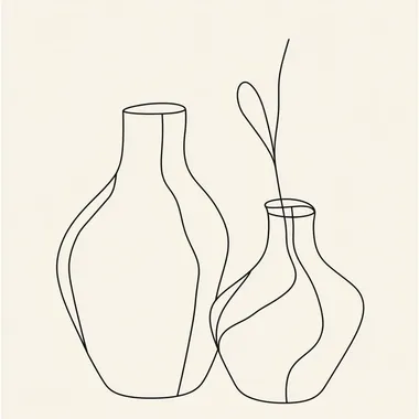 vector abstract outline form of two clay jars black and white , simple one line, one vbigger than the other one in fornt of the other, different shape, girly, insta aesthetic