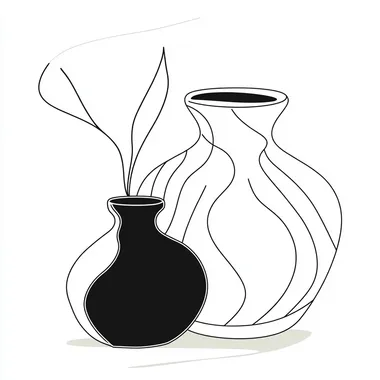 vector abstract outline form of two clay jars black and white , simple one line, one vbigger than the other one in fornt of the other, different shape, girly, insta aesthetic