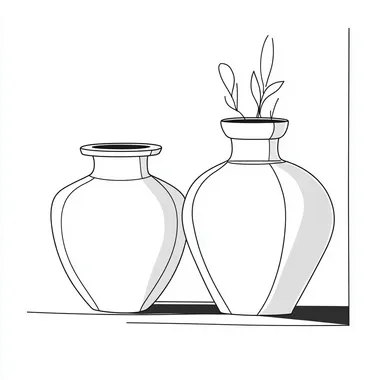 vector abstract outline form of two clay jars black and white , simple one line, one vbigger than the other one in fornt of the other, different shape, girly, insta aesthetic