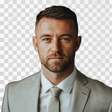 realistic photo of a 40-year-old man in a light suit with short hair and a short beard.