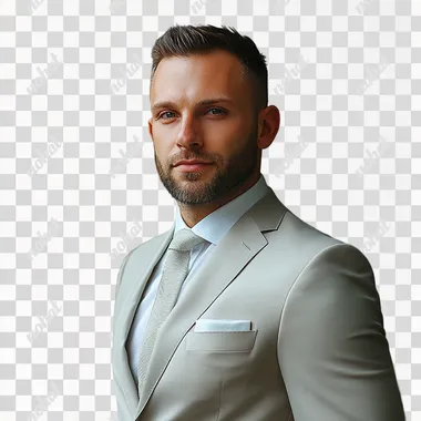 realistic photo of a 40-year-old man in a light suit with short hair and a short beard.