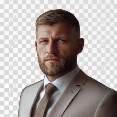 realistic photo of a 40-year-old man in a light suit with short hair and a short beard.
