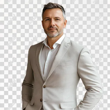 realistic photo of a 40-year-old man in a light suit with short hair and a short beard.