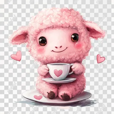 cute pink sheep holding a ceramic tea pair from a mug and saucer with hearts, cartoon character, pixar style, drawn, solid white background, digital art