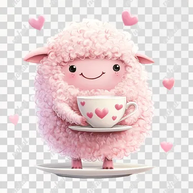 cute pink sheep holding a ceramic tea pair from a mug and saucer with hearts, cartoon character, pixar style, drawn, solid white background, digital art