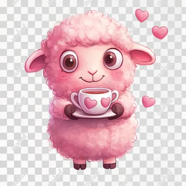 cute pink sheep holding a ceramic tea pair from a mug and saucer with hearts, cartoon character, pixar style, drawn, solid white background, digital art