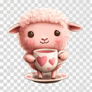 cute pink sheep holding a ceramic tea pair from a mug and saucer with hearts, cartoon character, pixar style, drawn, solid white background, digital art