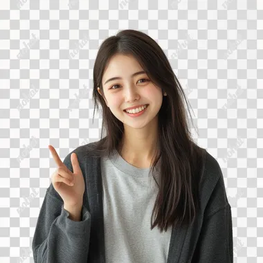 young japanese women with enthusiasm, announce gesture, casual outfit, in simple background