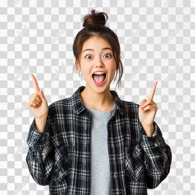 young japanese women with enthusiasm, announce gesture, casual outfit, in simple background