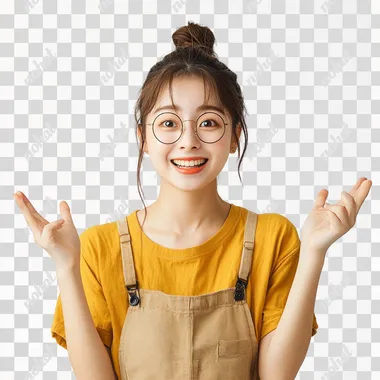 young japanese women with enthusiasm, announce gesture, casual outfit, in simple background