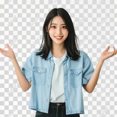 young japanese women with enthusiasm, announce gesture, casual outfit, in simple background
