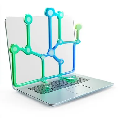 3d illustrtaion of laptop, links, connection. white, blue, green and turquoise colors. white background