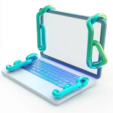 3d illustrtaion of laptop, links, connection. white, blue, green and turquoise colors. white background