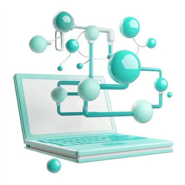 3d illustrtaion of laptop, links, connection. white, blue, green and turquoise colors. white background