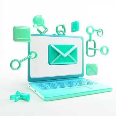3d illustrtaion of laptop, links, connection. white, blue, green and turquoise colors. white background