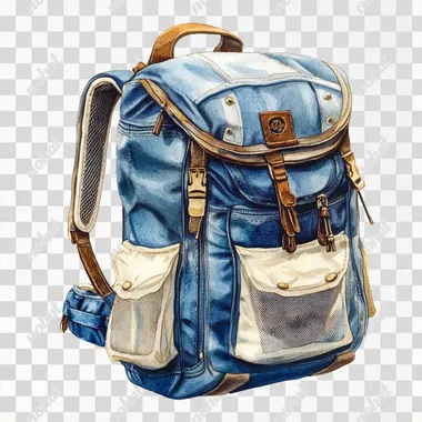 a watercolor clipart illustration of a sports backpack in dark blue with ivory mesh side pockets, clipart design by Rodney Matthews and Thomas Kinkade, isolated in white background --raw