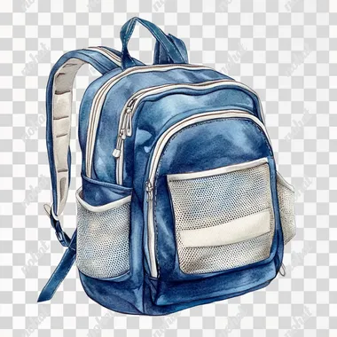 a watercolor clipart illustration of a sports backpack in dark blue with ivory mesh side pockets, clipart design by Rodney Matthews and Thomas Kinkade, isolated in white background --raw