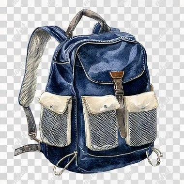 a watercolor clipart illustration of a sports backpack in dark blue with ivory mesh side pockets, clipart design by Rodney Matthews and Thomas Kinkade, isolated in white background --raw