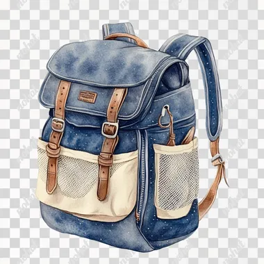 a watercolor clipart illustration of a sports backpack in dark blue with ivory mesh side pockets, clipart design by Rodney Matthews and Thomas Kinkade, isolated in white background --raw
