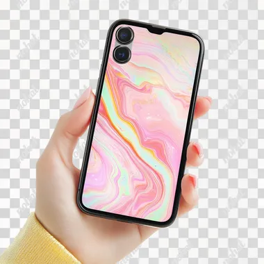A woman's hand holds a modern iPhone 15 smartphone with a blank screen isolated on a white background