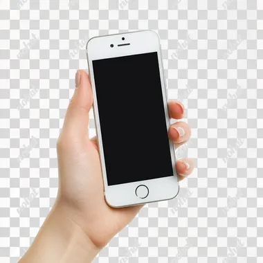 A woman's hand holds a modern iPhone 15 smartphone with a blank screen isolated on a white background