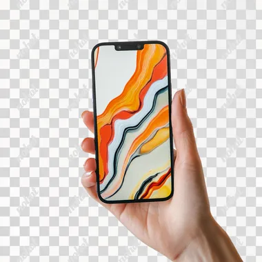 A woman's hand holds a modern iPhone 15 smartphone with a blank screen isolated on a white background