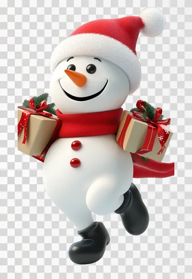 snow man running to delivery christmas gifts, cute, 3d, cartoon character, white background,