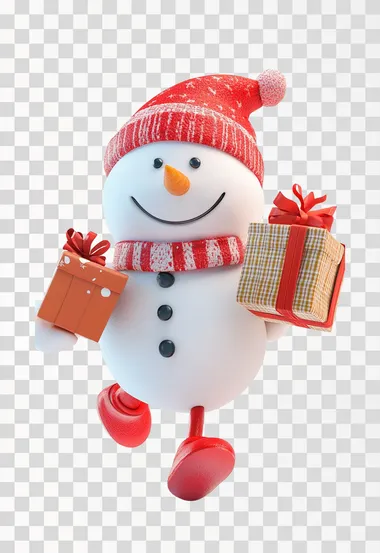 snow man running to delivery christmas gifts, cute, 3d, cartoon character, white background,