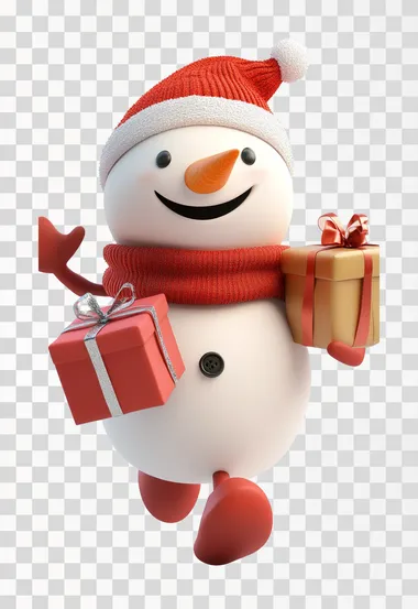 snow man running to delivery christmas gifts, cute, 3d, cartoon character, white background,