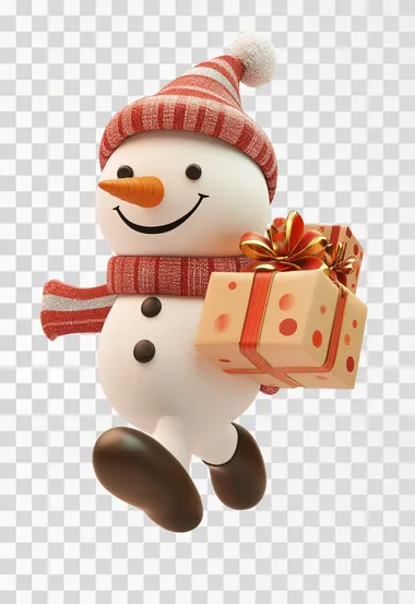 snow man running to delivery christmas gifts, cute, 3d, cartoon character, white background,