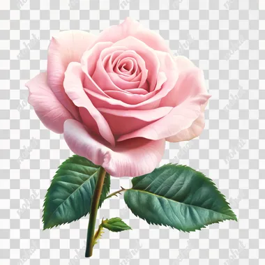 Create a realistic image of a single pink rose with soft petals and vibrant green leaves. The background should be white to keep the focus on the rose, showcasing its delicate details and natural beauty.