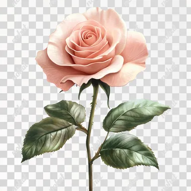 Create a realistic image of a single pink rose with soft petals and vibrant green leaves. The background should be white to keep the focus on the rose, showcasing its delicate details and natural beauty.