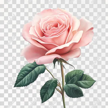 Create a realistic image of a single pink rose with soft petals and vibrant green leaves. The background should be white to keep the focus on the rose, showcasing its delicate details and natural beauty.