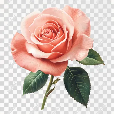 Create a realistic image of a single pink rose with soft petals and vibrant green leaves. The background should be white to keep the focus on the rose, showcasing its delicate details and natural beauty.