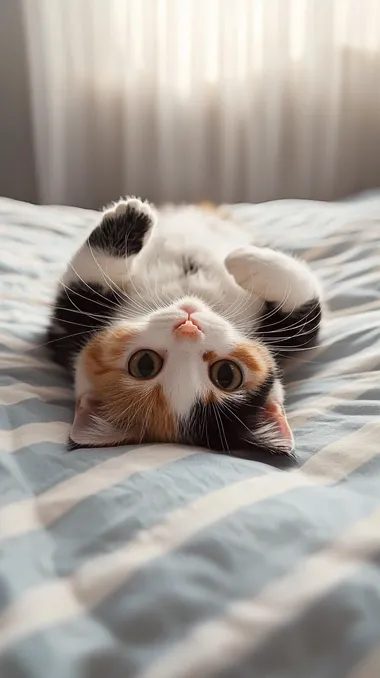 Panoramic shot, with the lens looking down at the bed. There lies a calico cat on its back straight like a human being. Its round cat eyes are staring blankly at the camera, with curiosity and cuteness showing in its gaze. Its four legs are stretched out long, presenting a cozy and relaxed posture. The black, white and yellow patterns on the cat's body are clear and beautiful, and its soft fur looks even smoother under the light. The bed sheet has a simple striped pattern, forming an interesting contrast with the fur color of the cat. The walls of the room are light blue, giving people a sense of tranquility. The light shining obliquely in through the window casts a golden glow on the cat and the bed. The focus is centered on the cat, making the periphery of the bed and the corners of the room show an appropriate blurred effect. The light shines obliquely from above, projecting soft and layered light and shadow on the cat's body and the bed, highlighting this warm and interesting scene. The picture adopts a warm and playful pet photography style. The colors are mainly based on the distinct fur color of the calico cat, the elegant color of the bed sheet, the light blue of the walls and the warm yellow of the light, vividly showing the interesting moment when this cute cat is lying on its back straight. v 6.1