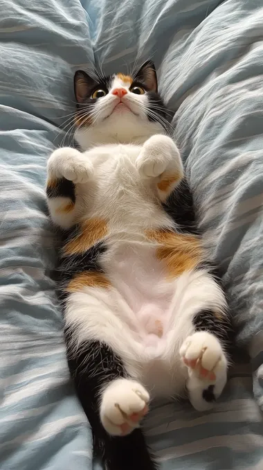Panoramic shot, with the lens looking down at the bed. There lies a calico cat on its back straight like a human being. Its round cat eyes are staring blankly at the camera, with curiosity and cuteness showing in its gaze. Its four legs are stretched out long, presenting a cozy and relaxed posture. The black, white and yellow patterns on the cat's body are clear and beautiful, and its soft fur looks even smoother under the light. The bed sheet has a simple striped pattern, forming an interesting contrast with the fur color of the cat. The walls of the room are light blue, giving people a sense of tranquility. The light shining obliquely in through the window casts a golden glow on the cat and the bed. The focus is centered on the cat, making the periphery of the bed and the corners of the room show an appropriate blurred effect. The light shines obliquely from above, projecting soft and layered light and shadow on the cat's body and the bed, highlighting this warm and interesting scene. The picture adopts a warm and playful pet photography style. The colors are mainly based on the distinct fur color of the calico cat, the elegant color of the bed sheet, the light blue of the walls and the warm yellow of the light, vividly showing the interesting moment when this cute cat is lying on its back straight. v 6.1