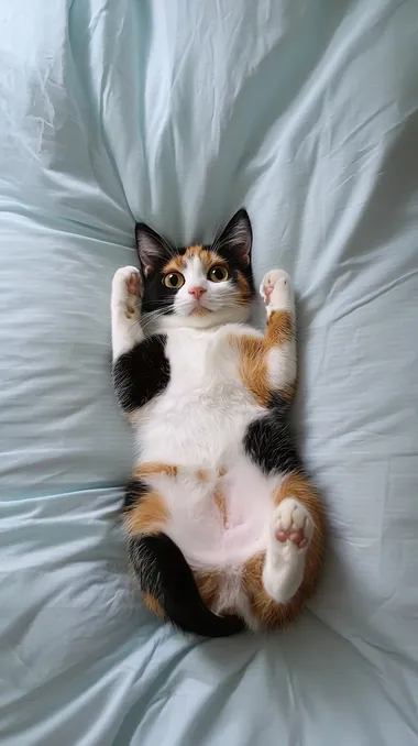 Panoramic shot, with the lens looking down at the bed. There lies a calico cat on its back straight like a human being. Its round cat eyes are staring blankly at the camera, with curiosity and cuteness showing in its gaze. Its four legs are stretched out long, presenting a cozy and relaxed posture. The black, white and yellow patterns on the cat's body are clear and beautiful, and its soft fur looks even smoother under the light. The bed sheet has a simple striped pattern, forming an interesting contrast with the fur color of the cat. The walls of the room are light blue, giving people a sense of tranquility. The light shining obliquely in through the window casts a golden glow on the cat and the bed. The focus is centered on the cat, making the periphery of the bed and the corners of the room show an appropriate blurred effect. The light shines obliquely from above, projecting soft and layered light and shadow on the cat's body and the bed, highlighting this warm and interesting scene. The picture adopts a warm and playful pet photography style. The colors are mainly based on the distinct fur color of the calico cat, the elegant color of the bed sheet, the light blue of the walls and the warm yellow of the light, vividly showing the interesting moment when this cute cat is lying on its back straight. v 6.1