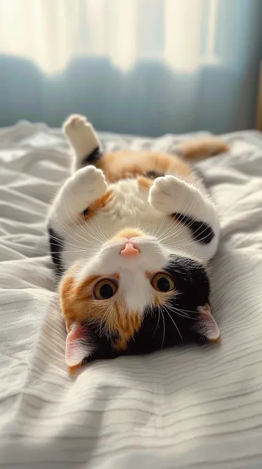 Panoramic shot, with the lens looking down at the bed. There lies a calico cat on its back straight like a human being. Its round cat eyes are staring blankly at the camera, with curiosity and cuteness showing in its gaze. Its four legs are stretched out long, presenting a cozy and relaxed posture. The black, white and yellow patterns on the cat's body are clear and beautiful, and its soft fur looks even smoother under the light. The bed sheet has a simple striped pattern, forming an interesting contrast with the fur color of the cat. The walls of the room are light blue, giving people a sense of tranquility. The light shining obliquely in through the window casts a golden glow on the cat and the bed. The focus is centered on the cat, making the periphery of the bed and the corners of the room show an appropriate blurred effect. The light shines obliquely from above, projecting soft and layered light and shadow on the cat's body and the bed, highlighting this warm and interesting scene. The picture adopts a warm and playful pet photography style. The colors are mainly based on the distinct fur color of the calico cat, the elegant color of the bed sheet, the light blue of the walls and the warm yellow of the light, vividly showing the interesting moment when this cute cat is lying on its back straight. v 6.1