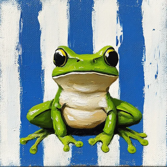 Charming Hand-Painted Frog on Blue and White Stripes