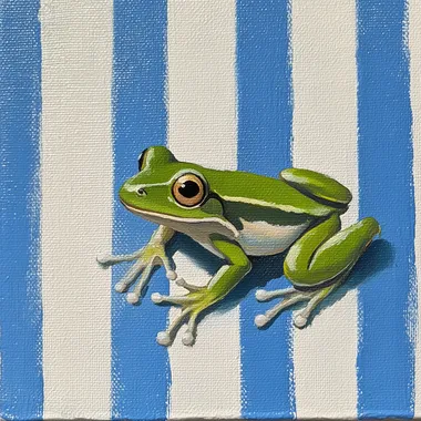 a simple hand painted green frog on a hand painted blue & white striped background