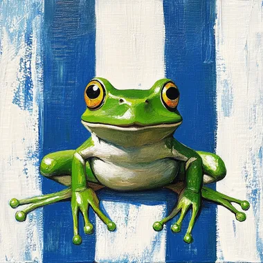 a simple hand painted green frog on a hand painted blue & white striped background