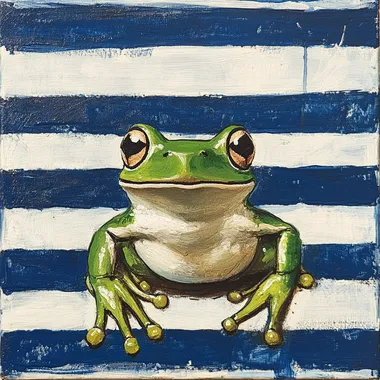 a simple hand painted green frog on a hand painted blue & white striped background